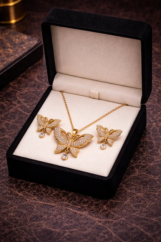 Gold Pavé Butterfly Necklace & Earrings Set AQ Trendify