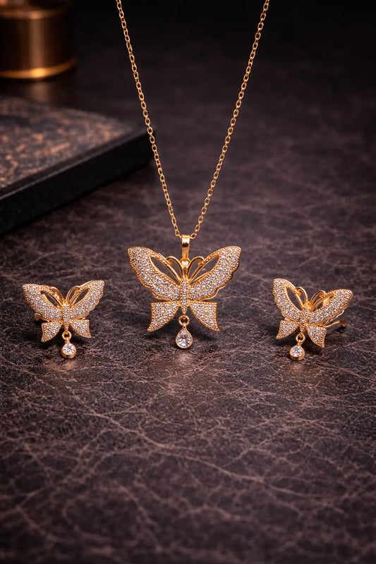 Gold Pavé Butterfly Necklace & Earrings Set AQ Trendify