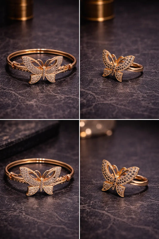 Gold Pavé Butterfly Bracelet & Ring Set AQ Trendify
